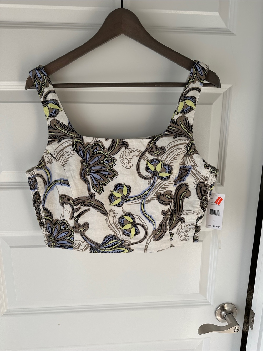 Rafaella White Cropped Tank with Blue, Lime & Brown Floral Print